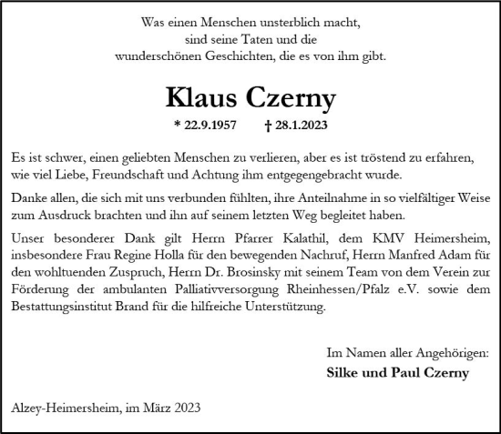 Traueranzeige von Klaus Czerny von Allgemeine Zeitung Alzey