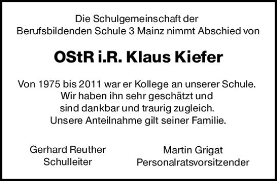 Traueranzeige von Klaus Kiefer von Allgemeine Zeitung Mainz