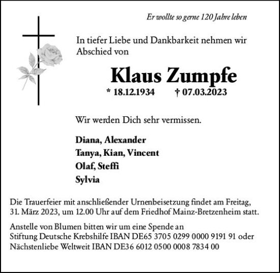 Traueranzeige von Klaus Zumpfe von Allgemeine Zeitung Mainz