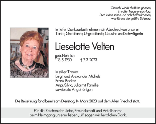 Traueranzeige von Lieselotte Velten von Hochheimer Zeitung