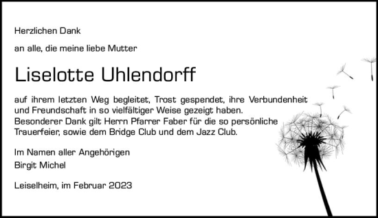 Traueranzeige von Liselotte Uhlendorff von Wormser Zeitung