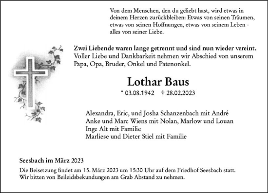 Traueranzeige von Lothar Baus von Allgemeine Zeitung Bad Kreuznach
