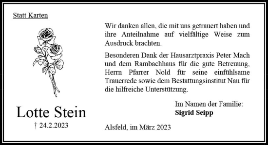 Traueranzeige von Lotte Stein von Oberhessen Kurier