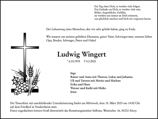Traueranzeige von Ludwig Wingert von Allgemeine Zeitung Alzey