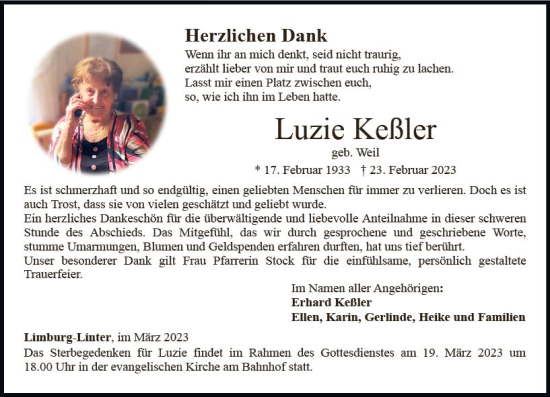Traueranzeige von Luzie Keßler von Nassauische Neue Presse