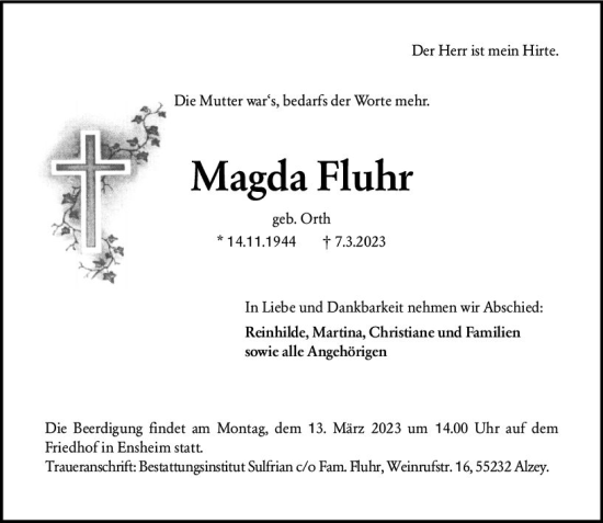 Traueranzeige von Magda Fluhr von Allgemeine Zeitung Alzey