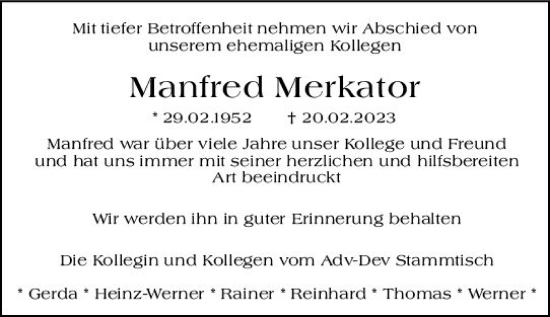Traueranzeige von Manfred Merkator von Wiesbadener Kurier