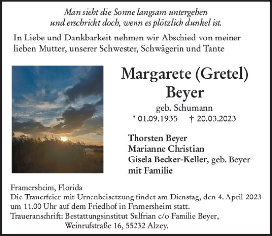 Traueranzeige von Margarete Gretel von Allgemeine Zeitung Alzey