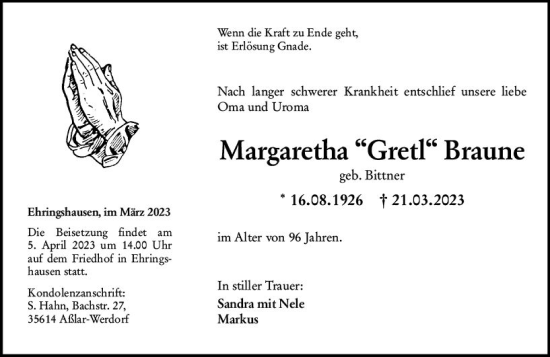 Traueranzeige von Margaretha Braune von Wetzlarer Neue Zeitung