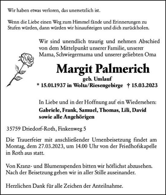 Traueranzeige von Margit Palmerich von Dill Block