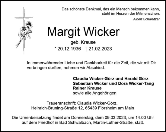 Traueranzeige von Margit Wicker von Idsteiner Land/Untertaunus