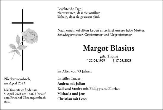 Traueranzeige von Margot Blasius von Wetzlarer Neue Zeitung