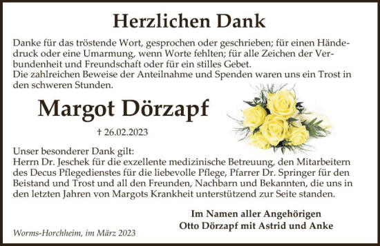 Traueranzeige von Margot Dörzapf von Wormser Zeitung