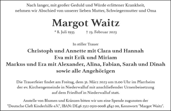 Traueranzeige von Margot Waitz von Wiesbadener Kurier