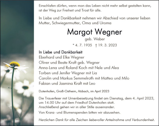 Traueranzeige von Margot Wegner von Wetzlarer Neue Zeitung