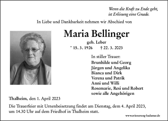 Traueranzeige von Maria Bellinger von Nassauische Neue Presse