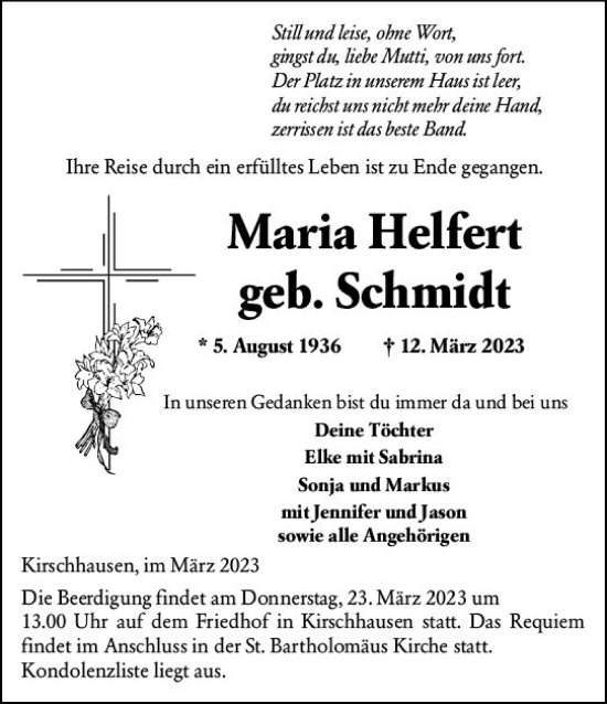 Traueranzeige von Maria Helfert von Starkenburger Echo