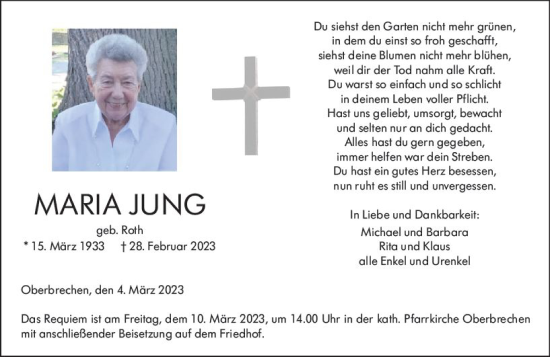 Traueranzeige von Maria Jung von Nassauische Neue Presse