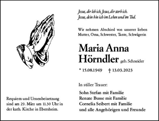 Traueranzeige von Maria Anna Hörndler von Allgemeine Zeitung Mainz