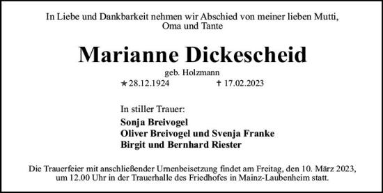 Traueranzeige von Marianne Dickescheid von Allgemeine Zeitung Mainz