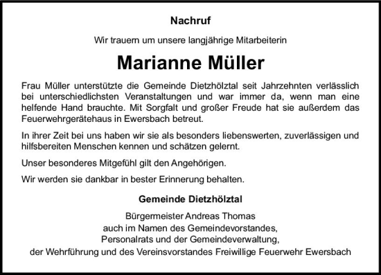 Traueranzeige von Marianne Müller von Dill Block