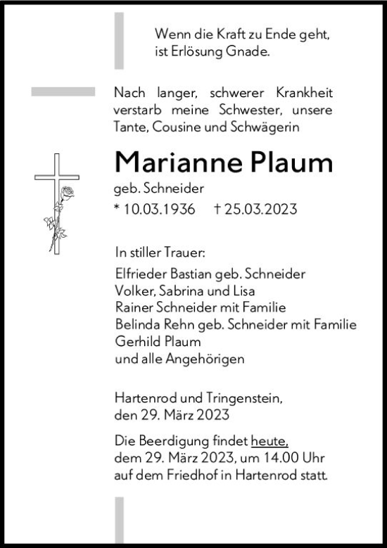 Traueranzeige von Marianne Plaum von Hinterländer Anzeiger