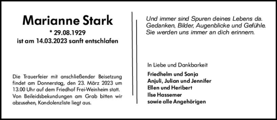 Traueranzeige von Marianne Stark von Allgemeine Zeitung Bingen/Ingelheim