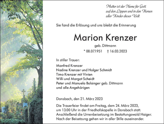 Traueranzeige von Marion Krenzer von Dill Block