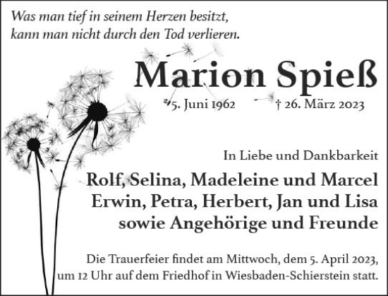 Traueranzeige von Marion Spieß von Wiesbadener Kurier