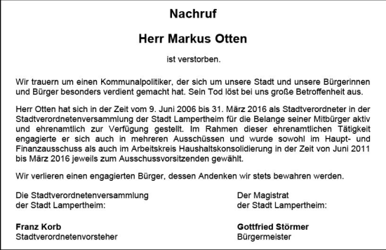 Traueranzeige von Markus Otten von Starkenburger Echo