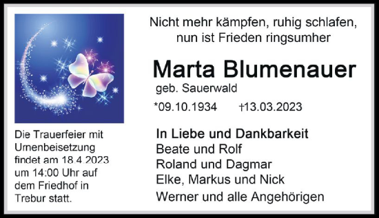 Traueranzeige von Marta Blumenauer von Rüsselsheimer Echo