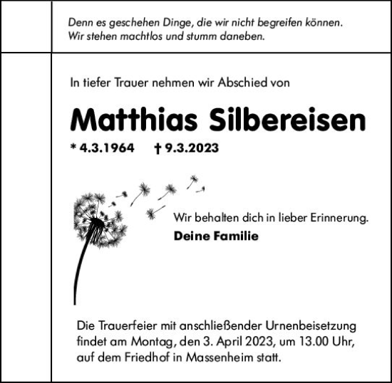 Traueranzeige von Matthias Silbereisen von Wiesbadener Kurier