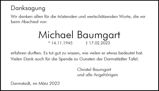 Traueranzeige von Michael Baumgart von Darmstädter Echo