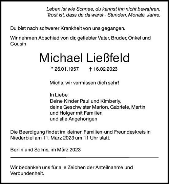 Traueranzeige von Michael Ließfeld von Wetzlarer Neue Zeitung