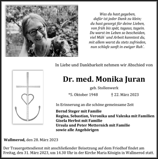 Traueranzeige von Monika Juran von Nassauische Neue Presse
