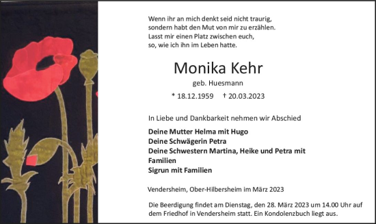 Traueranzeige von Monika Kehr von Allgemeine Zeitung Bingen/Ingelheim