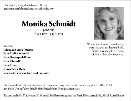 Traueranzeige von Monika Schmidt von Rüsselsheimer Echo