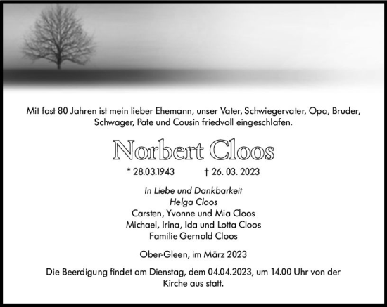 Traueranzeige von Norbert Cloos von Oberhessen Kurier