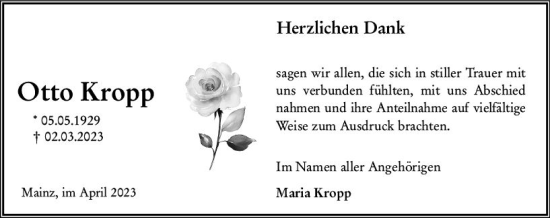 Traueranzeige von Otto Kropp von Allgemeine Zeitung Mainz