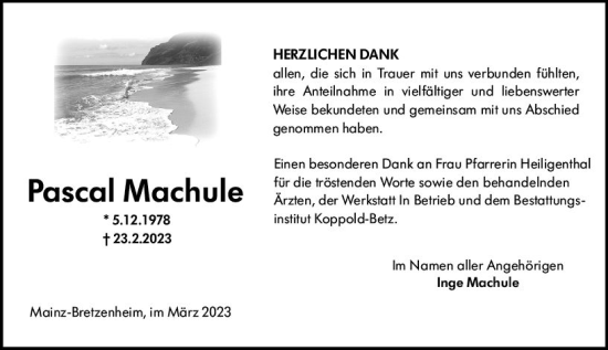 Traueranzeige von Pascal Machule von Allgemeine Zeitung Mainz