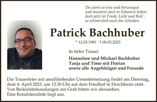 Traueranzeige von Patrick Bachhuber von Wormser Zeitung