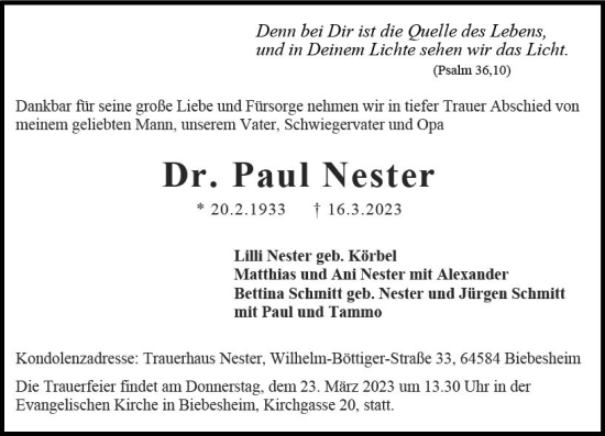 Traueranzeige von Paul Nester von Darmstädter Echo