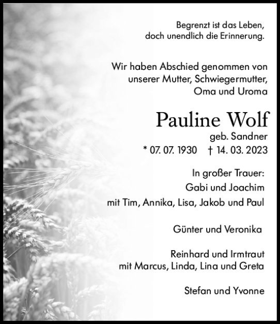 Traueranzeige von Pauline Wolf von Weilburger Tageblatt