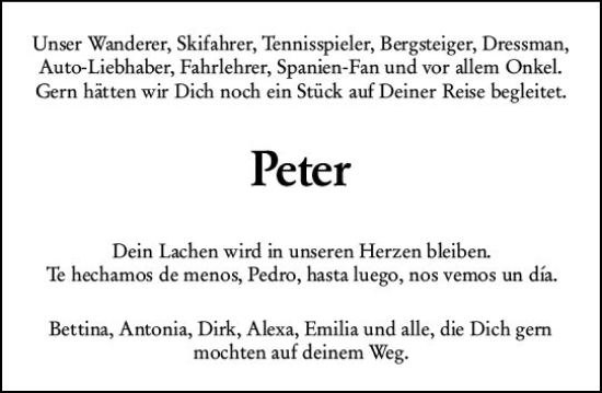 Traueranzeige von Peter Renker von Wiesbadener Kurier