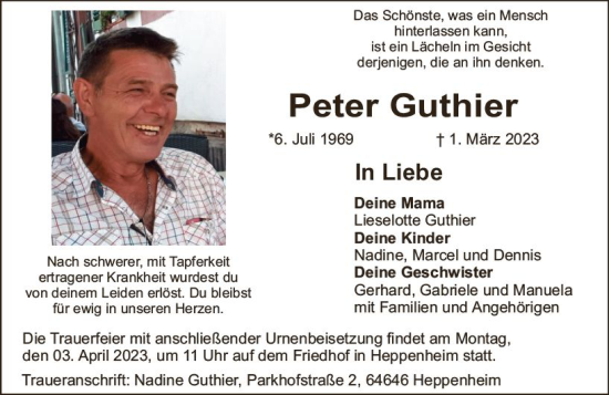Traueranzeige von Peter Guthier von Starkenburger Echo
