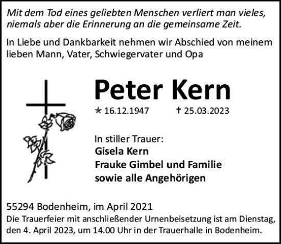 Traueranzeige von Peter Kern von Allgemeine Zeitung Mainz