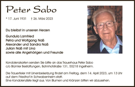 Traueranzeige von Peter Sabo von Allgemeine Zeitung Bingen/Ingelheim
