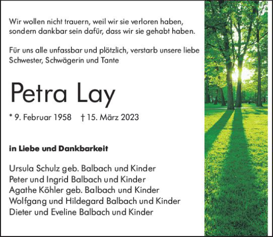 Traueranzeige von Petra Lay von Allgemeine Zeitung Mainz