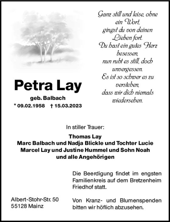 Traueranzeige von Petra Lay von Allgemeine Zeitung Mainz