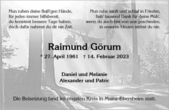 Traueranzeige von Raimund Görum von Wiesbadener Kurier